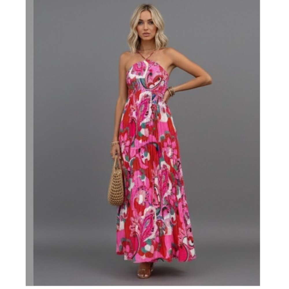 Floral Print Pleated Hem Shirred Halter Neck Dress